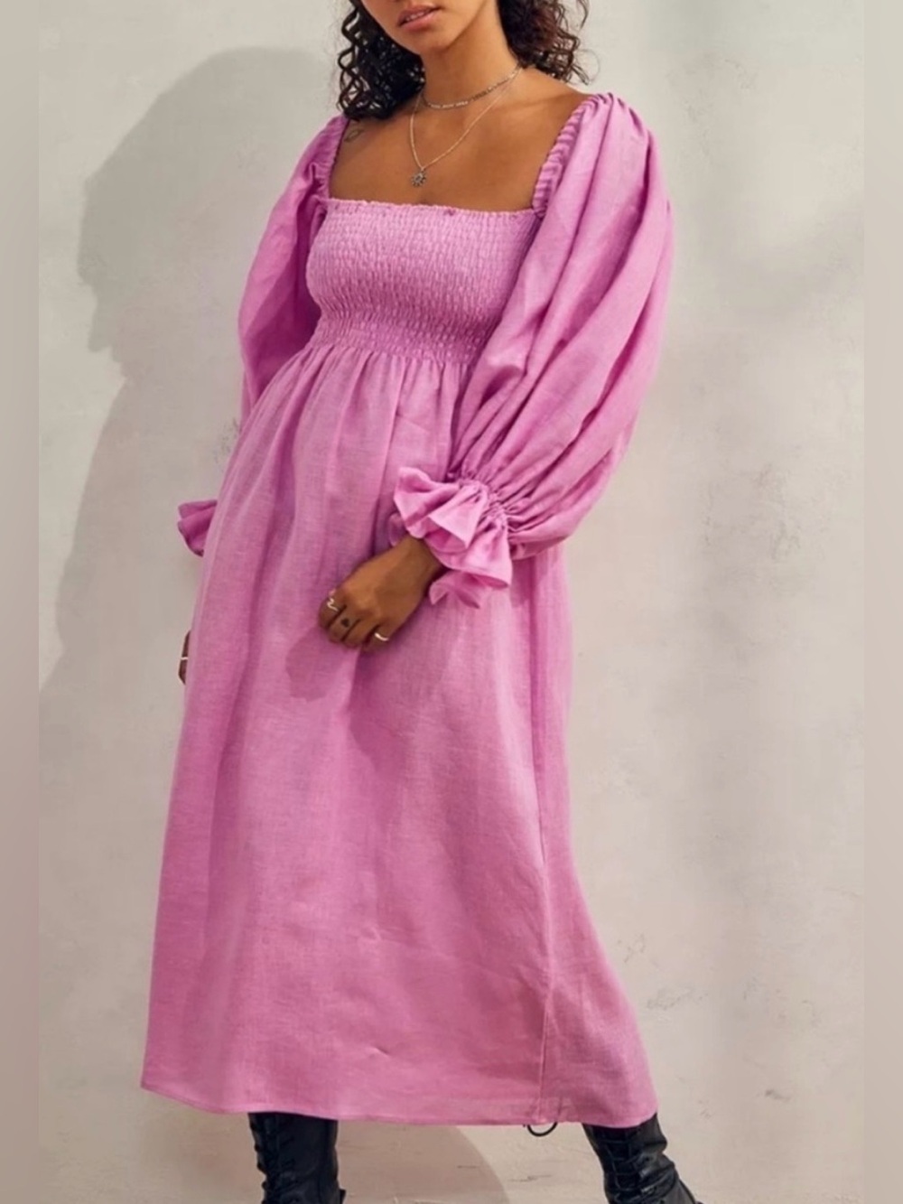 Sleeper Atlanta Smocked Midi Dress Pink Lilac 100% Linen Puff Sleeve‎ XS $320